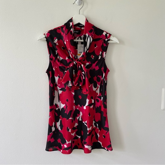 Nine West Women’s Fire Red Floral Sleeveless Tie Front Blouse - Picture 1 of 7